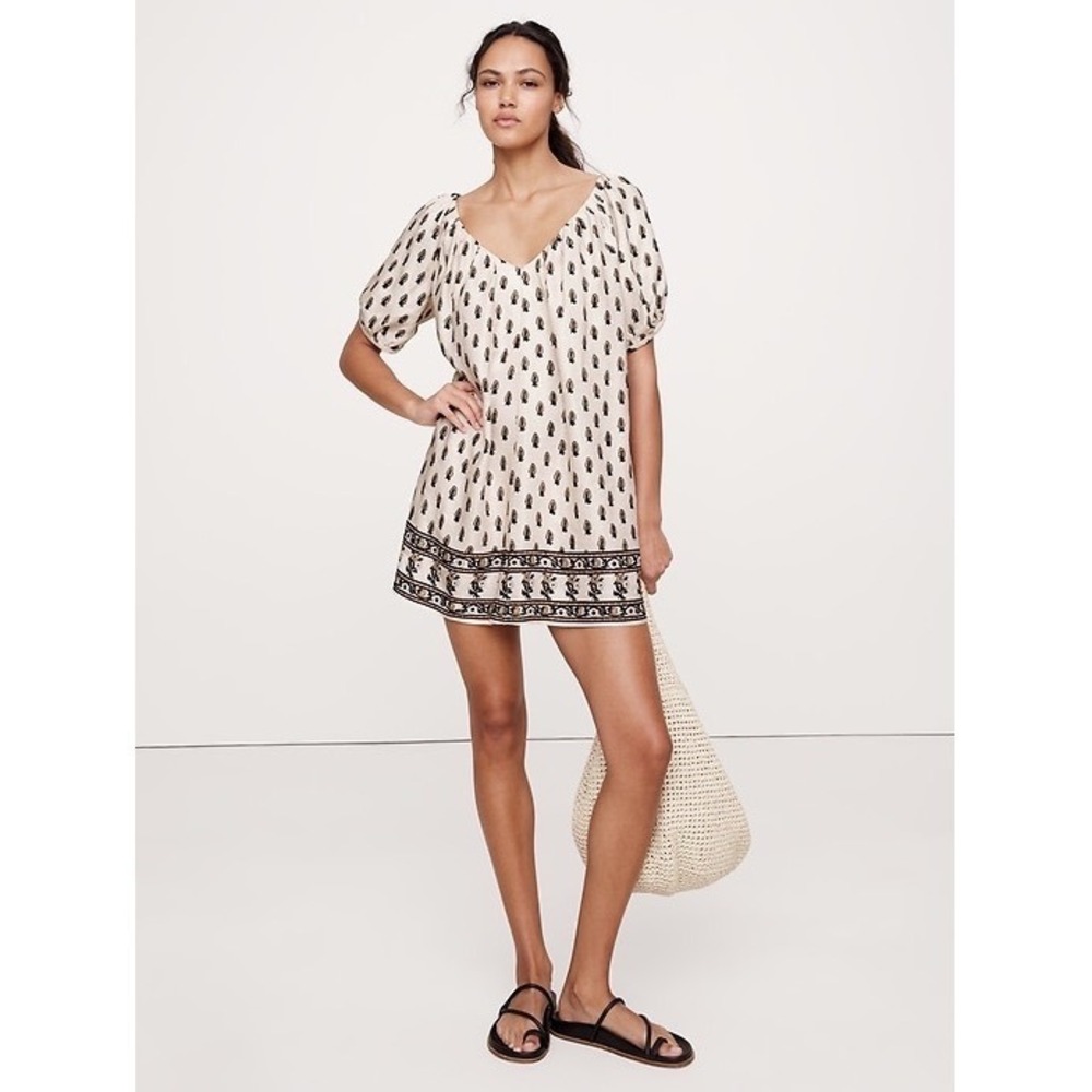 NWT Banana Republic‎ Paisley Block Print Linen Blend Puff Sleeve Mini Cream XS